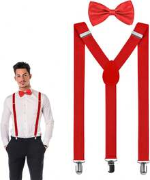 Tirantes de los hombres, Set De Tirantes Sujetadores Y Moño Unisex, Set o Kit de Moño y Tirantes para Hombre, Tirantes de Clip Resistentes en Y Ajustables para Informal y Formal - Beis - Ver 1