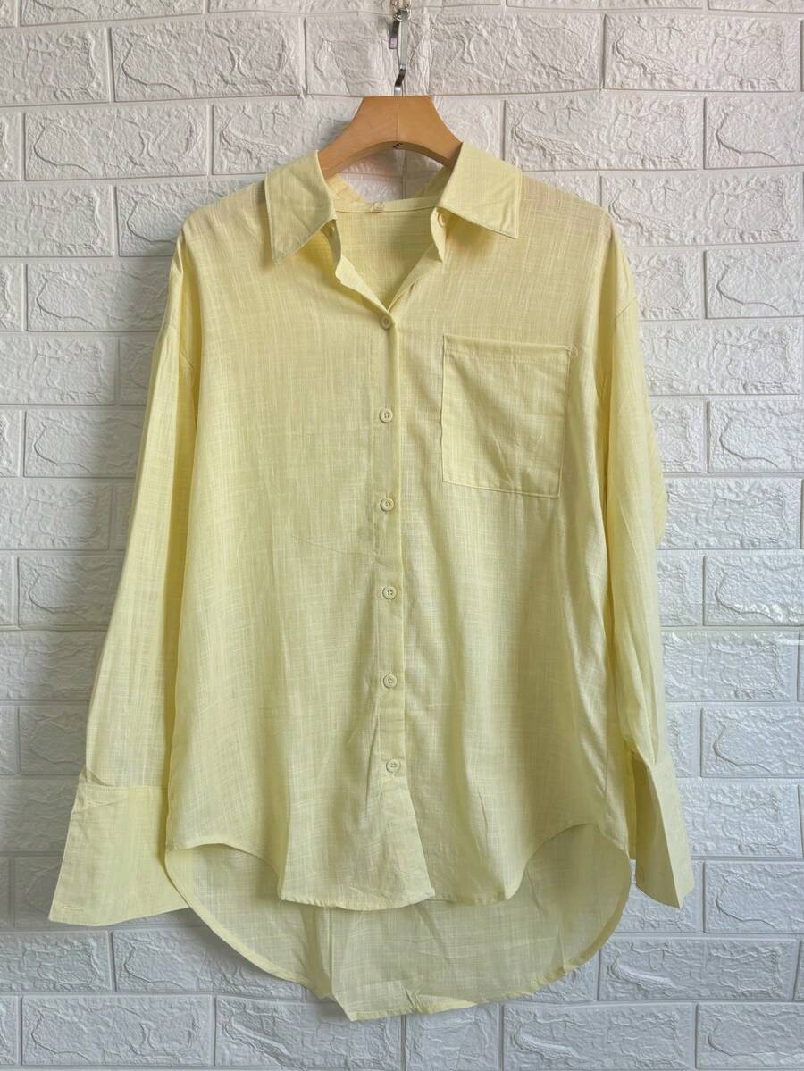 Women's 100% Cotton Long Sleeve Shirt - 淡黃色 - 查看 1
