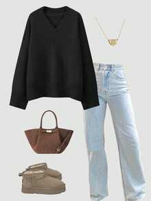 女士纯色罗纹针织套头毛衣，时尚优雅，宽松版型，秋冬黑色 - 黑色 - 查看 4