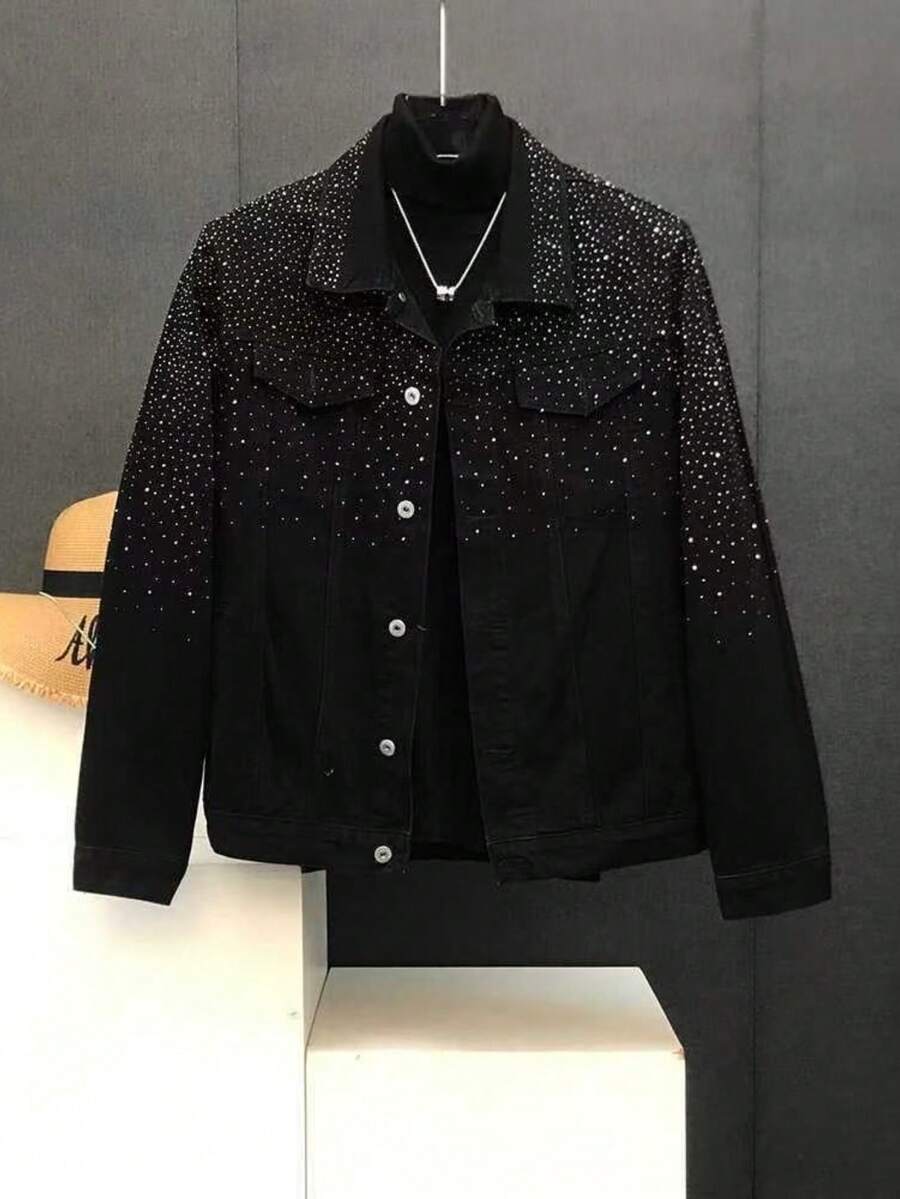 Men's Denim Jacket, Premium And Stylish, Heavy-Duty, Sparkling Rhinestone, Light Luxury, Fashion Brand Top Jacket - 黑色 - 查看 1