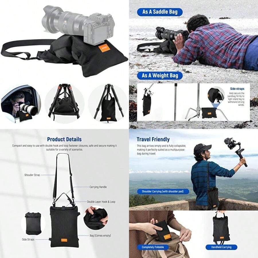 NEEWER Bolsa de Arena para Fotografía de Mano Plegable de 15,5" x 9,4", Correa para Hombro, Saco de Poliéster Resistente, Puf, para Soporte de Lente de Cámara y Soportes de Luz(default) - Multicolor - Ver 1