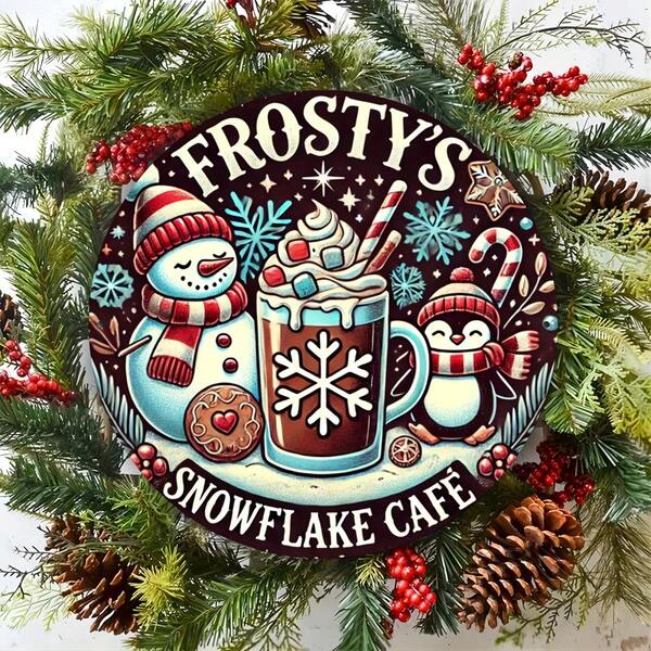 Frosty's Snowflake Cafe Vintage Metal Sign, 7.87x7.87inch Aluminum Foil Engraving For Home, Kitchen, Restaurant, Bedroom, Garden, Garage, Hotel, Office Decor - 1pc