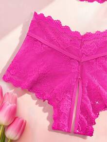 2件套情人节惊喜礼物新款花朵蕾丝性感内衣套装开裆设计，性感撩人，优雅精致，适合狂欢派对穿着。 - 玫紅色 - 查看 5