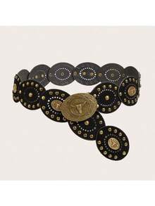 1pc Women's Bohemian Style Brown Patchwork Vintage Bull Head Metal Buckle Retro Leather Belt, Suitable For Dresses, Jeans, Music Festival, Commuting Outfit - Brown Bull Head - View 13