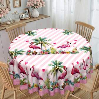 1pc Pink Striped Flamingo & Palm Tree Print Round/Rectangular Tablecloth, Warm Holiday Style, Multiple Sizes Available, Flamingo & Heart Pattern, Suitable For Spring/Summer, Suitable For Home Kitchen, Party, Banquet, Also Can Be Used As Spring/Summer Furniture Decor