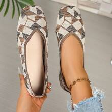 女士公主鞋，撞色几何图案方头针织鞋，女士低帮舒适透气乐福鞋 - 棕米色 - 查看 5