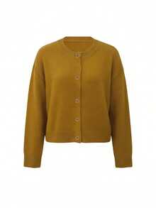 Knit Mix 优雅女士法式宽松针织开衫，适合圣诞节、感恩节、新年等节日，时尚长袖圆领毛衣，休闲纯色开衫，秋冬季必备。 - 深黃色 - 查看 6