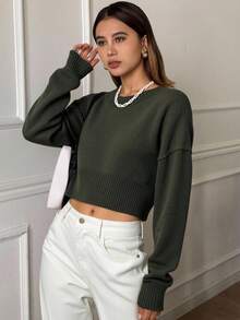 Livesso Loose Fit Cropped Pullover Sweater For Women, Versatile New Style Fall - Army Green - View 2