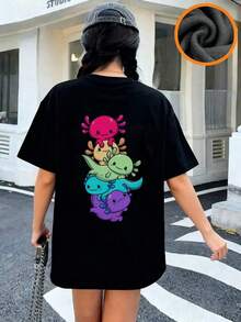 Camiseta de manga corta con cuello redondo y estampado gráfico rosa para niñas preadolescentes y estudiantes, top de verano - Negro - Ver 1