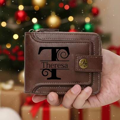 Customized Men's Name Wallet Gift - Fashionable Brown Imitation Leather Wallet With Engraving Design, Snap Closure, Zipper Clip And Coin Bag, Elegant Accessories For Special Father's Day | Personalized Decoration Wallet