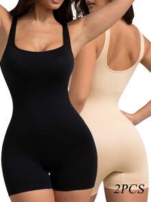 2PCS Shapewear Bodysuit  Control Full Body Shaper Shorts Seamless Tank Tops Slimming Shaping Leotard Yaga Pants For Women - 米色 - 查看 1