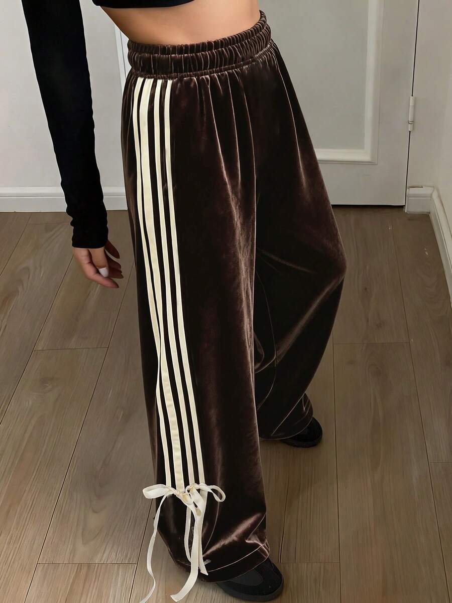 Livesso 女士撞色条纹系带宽松休闲裤 - 棕色 - 查看 1
