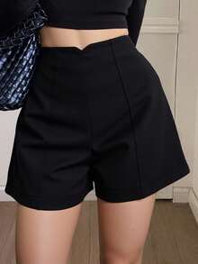 Livesso 高腰纯色休闲阔腿短裤 - 黑色 - 查看 1