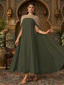 Váy Kaftan dài tay thanh lịch với họa tiết đính cườm nặng, váy Abaya dài sang trọng dành cho nữ, váy kín đáo, váy Ả Rập dành cho nữ - xanh quân đội - Xem 3