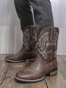 Unisex Couple Western Cowboy Boots | Black Embroidered Mid-Calf Retro Boots | Non-Slip Sole - For Men & Women Daily/Street Wear