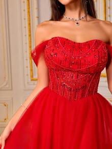 VIPGIRL New Red Off-Shoulder Fishbone Sequin Contrast Mesh Elegant Waist-Flattering Women's Formal Evening Gown - Red - View 8