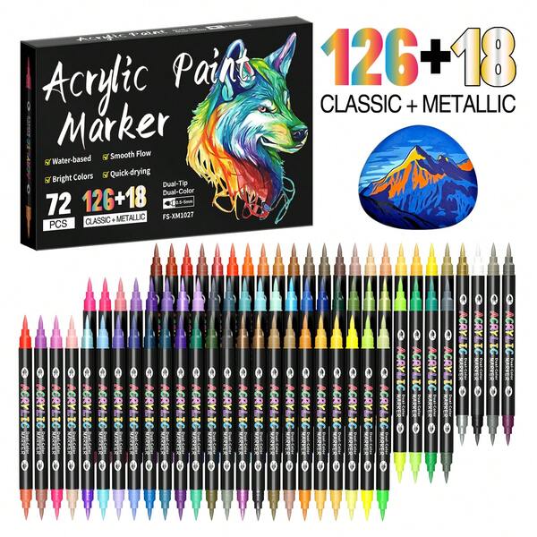 144 Colors Acrylic Markers Double Headed, Marker Pen Set,Durable, Fade-Resistant, Perfect For Artist Painting, Illustrations, Handcrafted Art,School Back-To-School Season For Coloring Books And Other DIY Projects,Suitable For Paper, Fabric, Wood, Rocks, Plastic, Glass, Ceramics, Pumpkins, Etc., Acrylic Paint Marker Pens,Thanksgiving, Halloween, Christmas Gifts