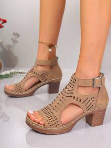 2026春夏新款女士露趾高跟凉鞋，镂空设计，单扣，侧边镂空，轻便舒适，适合日常、户外、办公、上学等场合穿着，时尚百搭，棕色高跟凉鞋，厚底高跟鞋 - 棕色 - 查看 3