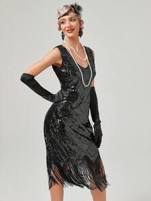 女士复古爵士时代鸡尾酒会礼服，1920年代V领串珠流苏哈林之夜风格连衣裙 - 黑色 - 查看 4