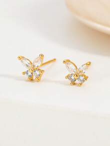 一对独特的蝴蝶耳夹耳环，不对称星月设计，镶嵌精致锆石，优雅女士耳环 - 彩色 - 查看 3