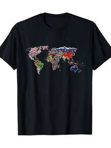 Maglietta da uomo con mappa del mondo e bandiere nazionali - design geometrico vibrante, manica corta, collo tondo, vestibilità regular, adatta per tutte le stagioni, abbigliamento casual confortevole, maglietta per la vita di tutti i giorni, maglietta stampata in modo vivace, taglio comodo - nero - Visualizzare 1