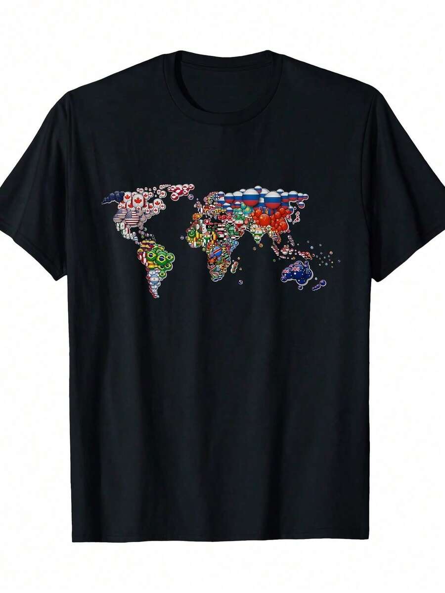Maglietta da uomo con mappa del mondo e bandiere nazionali - design geometrico vibrante, manica corta, collo tondo, vestibilità regular, adatta per tutte le stagioni, abbigliamento casual confortevole, maglietta per la vita di tutti i giorni, maglietta stampata in modo vivace, taglio comodo - nero - Visualizzare 1