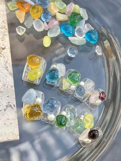 1 Box Colorful Glass Stone Nail Art Decorations, Natural Asymmetrical Shaped Multi-Color Nail Stones, Nail Art Decorations, Nail Salon Supplies