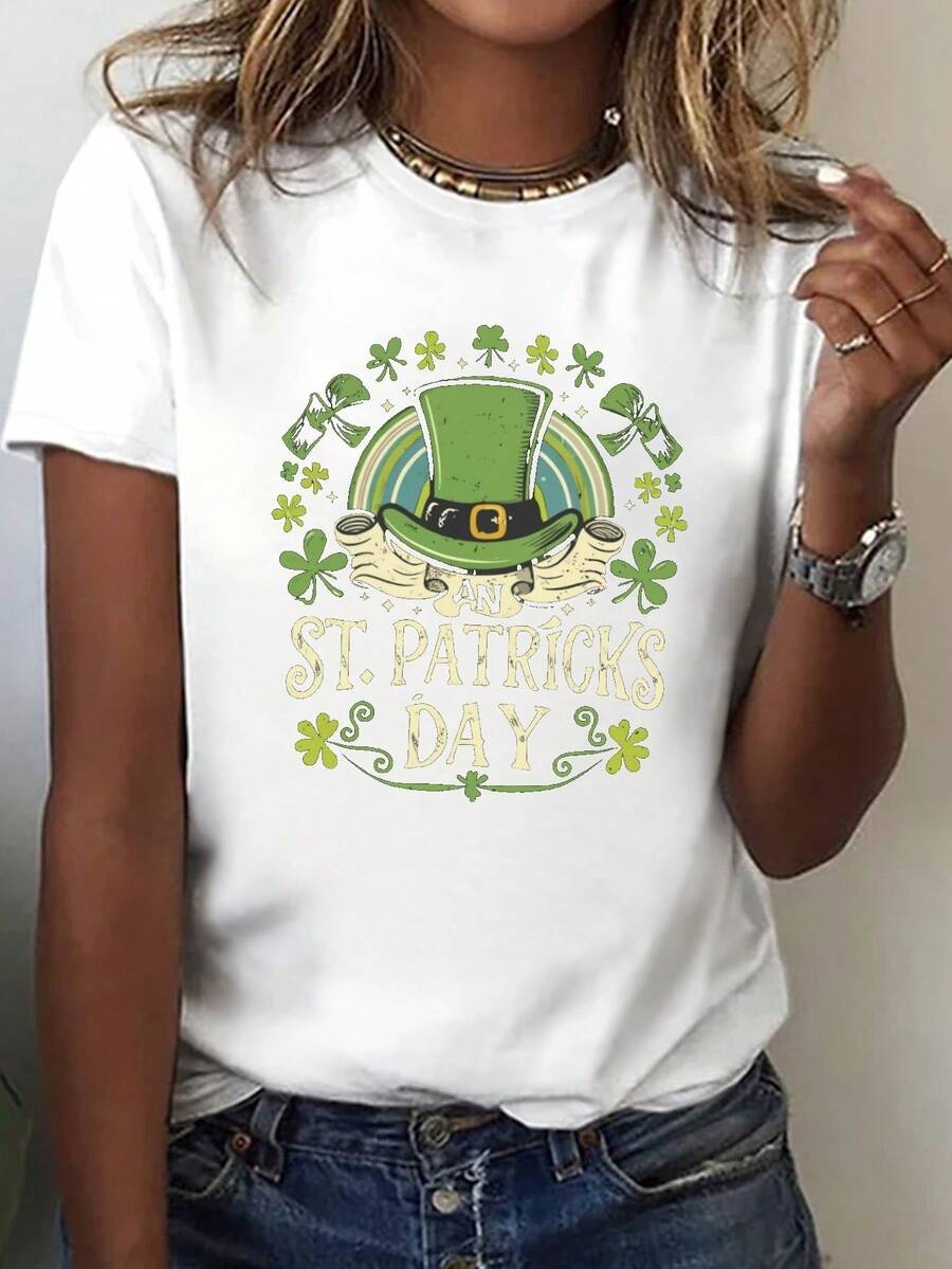 1 Piece Women's St. Patrick's Day Casual Crew Neck T-Shirt, Geometric Print, Polyester Knit Fabric, Regular Length - All Seasons - White - View 1