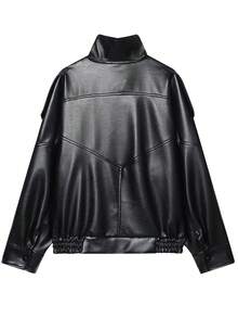 女士黑色PU皮夹克，秋冬飞行员夹克外套，上衣，秋季女士夹克，长袖上衣，冬季纽扣大衣 - 黑色 - 查看 7
