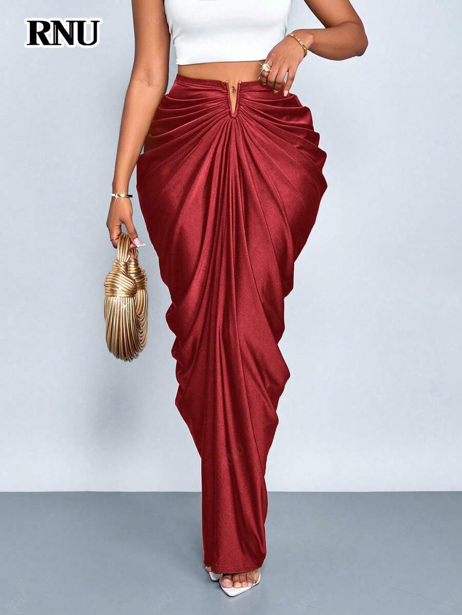 RNU 优雅女士派对时尚酒红色褶裥修身深V领缎面针织中长裙，适合情人节、狂欢节、新年、感恩节派对等场合。 - 紅色 - 查看 1