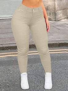 Apperloth A Plus Size Elastic Slant Pocket Skinny Pants, Suitable For Music Festivals - Apricot - View 2