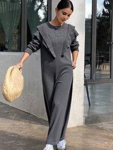 Livesso Women's Loose Straight Dress With Layered Ruffle Shoulder, Solid Color Casual Thickened Fleece Sweater Dress Maxi Dress - Grey - View 5
