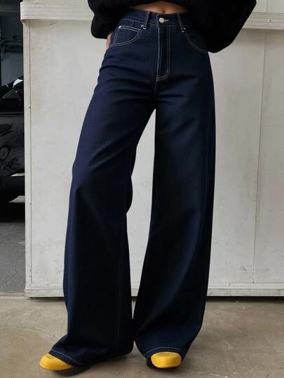 DAZY Pantalones vaqueros casuales de mujer de pierna ancha y bolsillo de carga de unicolor