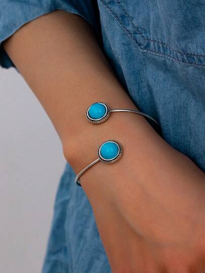 1 Pc Western Cuff Bracelet Jewelry For Women Blue Turquoise Stone Decor Bangle Cowgirl Jewelry Accessories