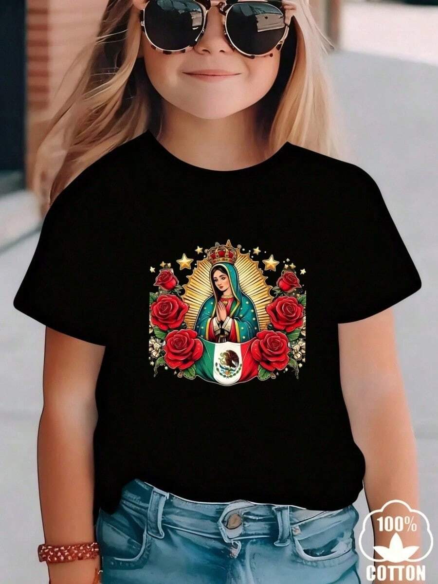 Esta nueva camiseta de manga corta para niñas, 100% algodón, luce modernos estampados de Rosa, informal y versátil. Confeccionada con un tejido suave y delicado con la piel, es suave con la piel sensible de tu hija, permitiéndole libertad de movimiento y comodidad durante reuniones familiares, actividades escolares o juegos al aire libre. - Negro - Ver 1
