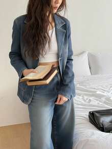 DAZY Women's Autumn Lapel Jacket And Loose Fit Jeans Set - Blue - View 8