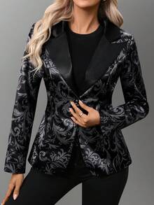 Áo khoác blazer dáng ôm tay dài, cổ khoét chữ V thanh lịch, đơn hàng khuy, chất liệu vải jacquard cho nữ, mùa xuân/thu - màu đen - Xem 2