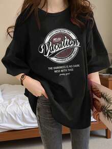 女士春夏新品独特设计字母印花圆领休闲百搭青少年舒适棉质短袖 T 恤