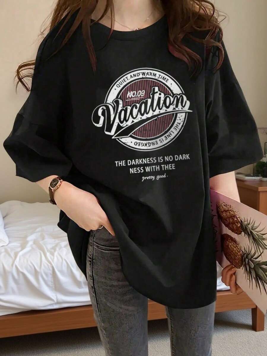 女士春夏新品独特设计字母印花圆领休闲百搭青少年舒适棉质短袖 T 恤