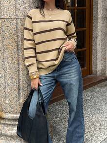 Pulover HoloChill pentru femei, casual, cu guler rotund, cu dungi, în culori blocate, model casual de vară, model nou, Carnaval