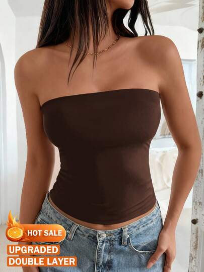 Vaiaye Women's Seamless Strapless Solid Color Elastic Fitted Camisole, Strapless Basic Vest Tank Top For Spring/Summer, Fashionable For Valentine's Day