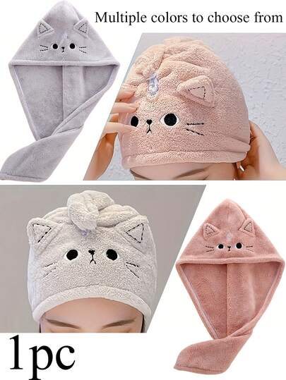 可爱速干发巾帽 - 吸水性强、柔软的涤纶材质，浴室配件，适合长卷发，无香型，多种颜色可选，四季皆宜，保暖轻便，可作发巾、长发包巾（黑色），发饰，浴室配件，卡通猫咪图案，多种颜色可选，沐浴配件 | 趣味发饰