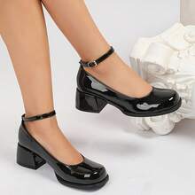 复古漆皮玛丽珍女鞋，踝带粗跟鞋，百搭纯色搭扣鞋，适合日常穿着 - 黑色 - 查看 5