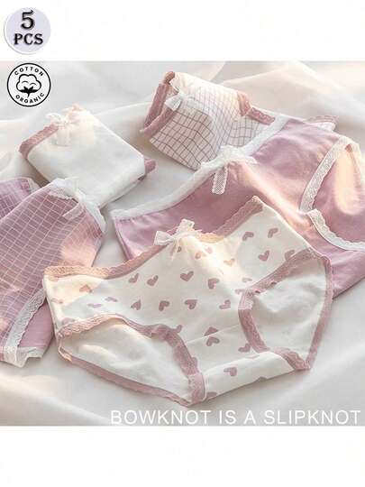 5pcs Cute Teenage Girl Panties, Cotton Crotch Lining, Soft & Breathable, High Elasticity Mid-Waist With Bow Decor
