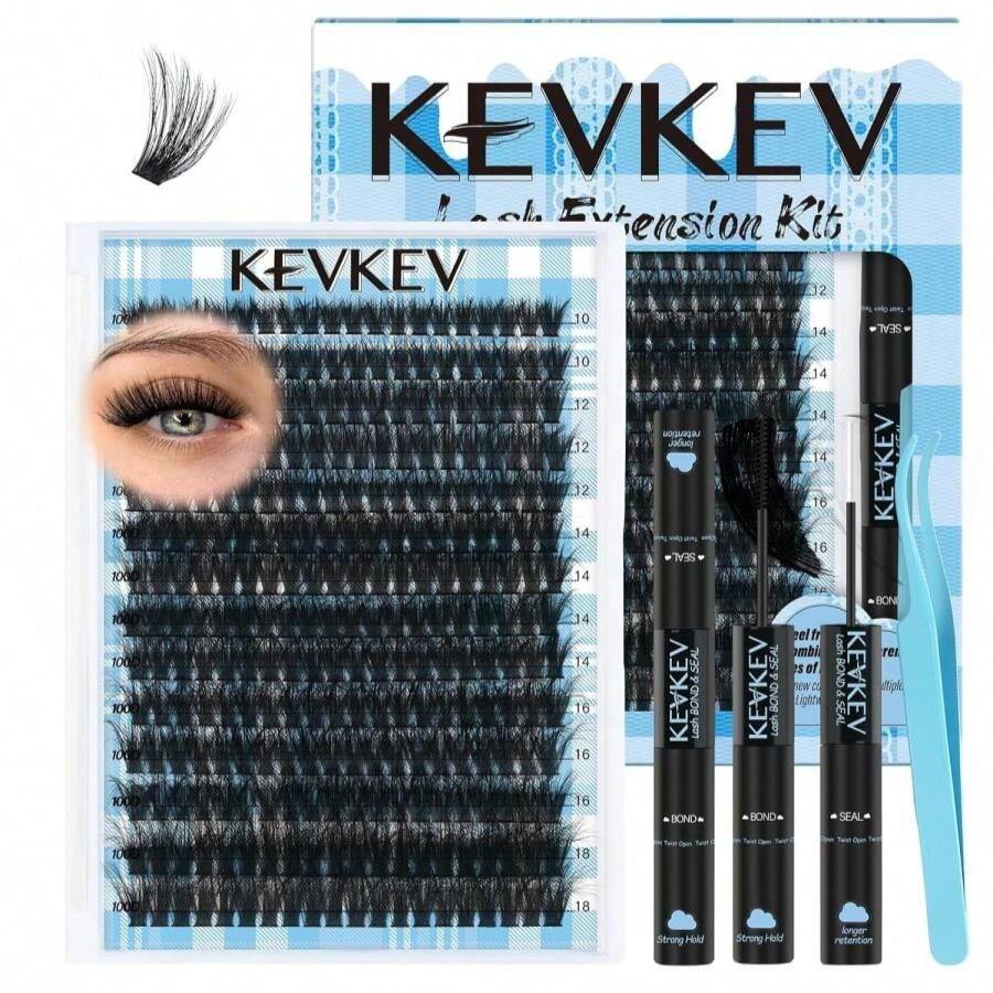 KEVKEV Lash Extension Kit 280pcs Volume Lash Clusters 100D Lash Clusters Kit 10-18mm Individual Lashes Kit With Lash Bond And Seal,Lash Tweezers Thick Lash Extension Kit DIY At Home(0.05D,100DD) - MàuA - Xem 1