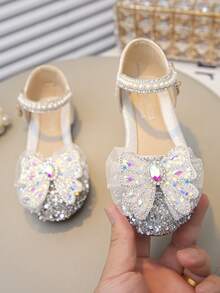 Girls' Party Dress Shoes With Shiny Multi-Layer Bow And Safety Pearl Strap, Creating An Elegant Look - Silver - View 4