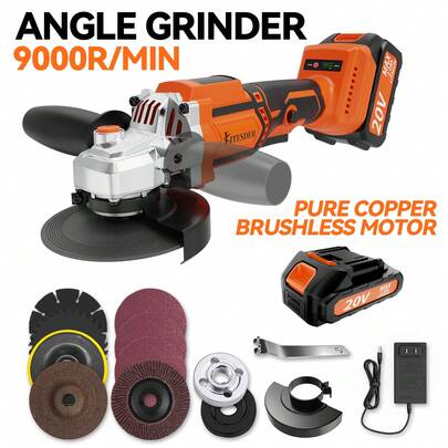 Cordless Angle Grinder With 2.0Ah Battery, A Multi-Purpose Machine. 20V Brushless Motor 4-1/2" 900 RPM, Widely Used In Ceramic Tile, Stone, Steel. Polish, Frosted.