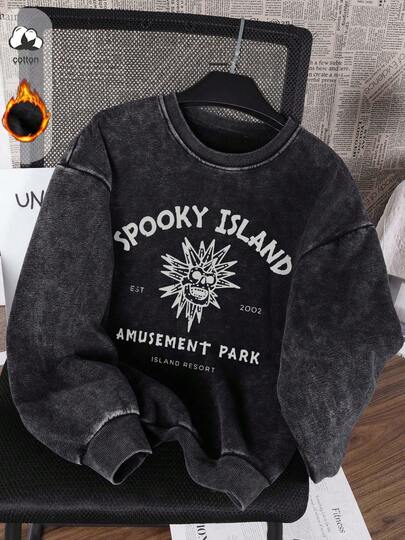 LQTY Cotton Women's Autumn/Winter Fun "Skull Letters" Print Casual Street Sports Black Washed Crew Neck Sweatshirt, Women's Sports Sweatshirt