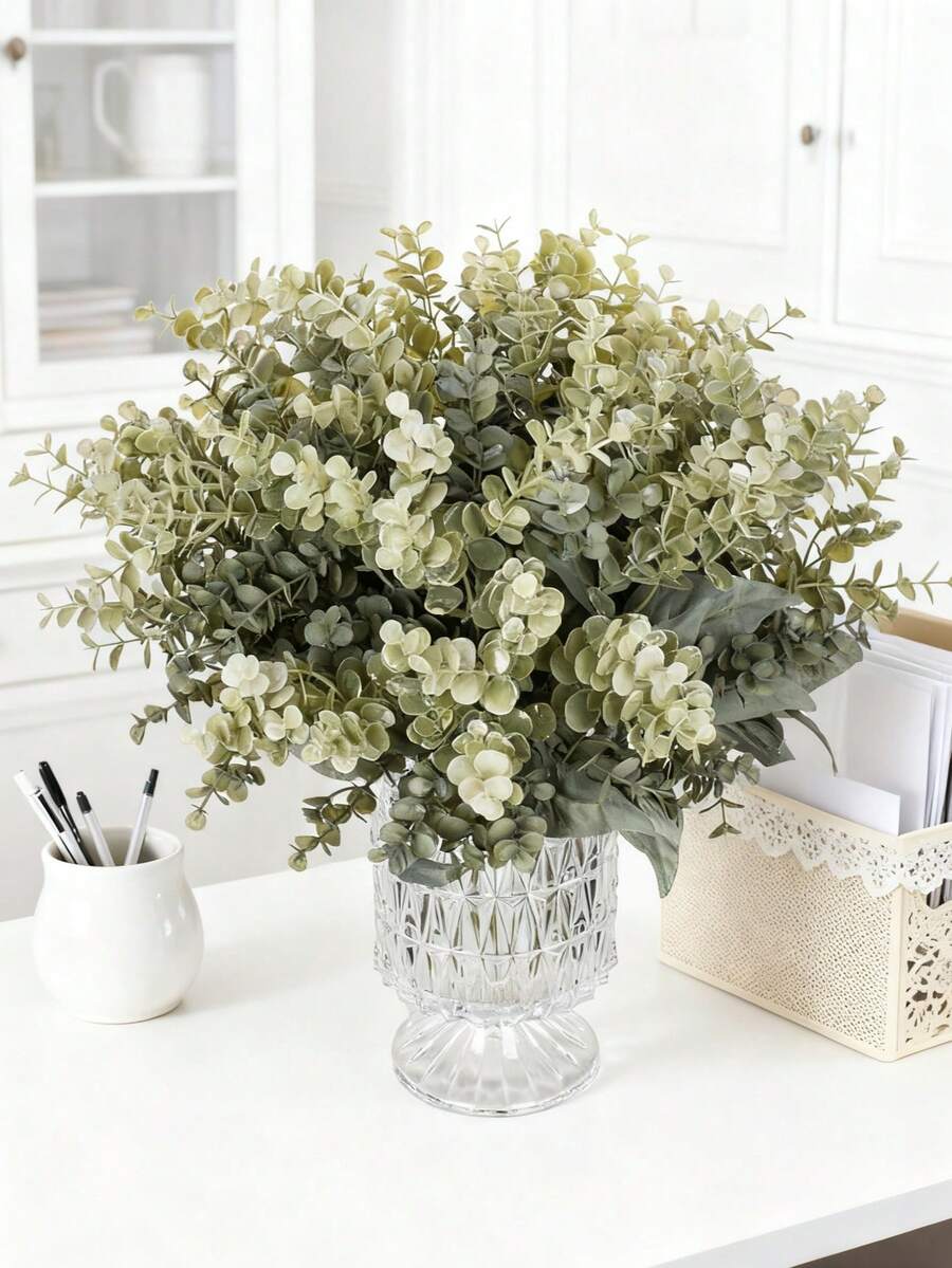 1/80pcs 12.99 Inch Artificial Plant Plastic Flower Bouquet Eucalyptus Leaves, Spring Valentine's Day Gift, Birthday Party Decor, Wedding Flower Basket, Bridal Bouquet, Home Decor, Restaurant, Bedroom, Windowsill, Vase Decor, New Year Decor, Outdoor Garden, Back To School, Loy Krathong Decor, Valentine's Day Gift - Gray Green - View 1