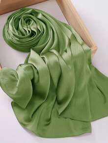 1入組起皺的緞面頭巾圍巾 - 橄欖綠 - 查看 3